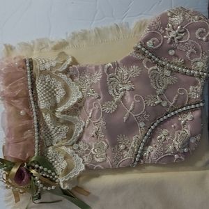Victorian Style Beaded Lace X-mas Stocking, 10in.Lx7inW.Mauve/Ivory